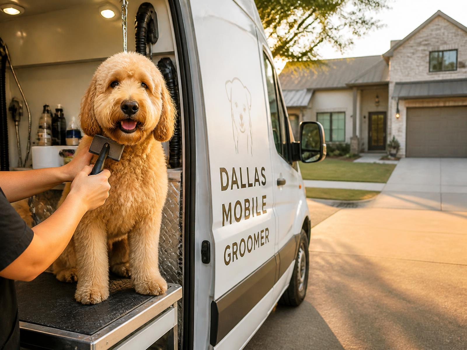 Mobile dog groomer brushing a goldendoodle in a grooming van parked in a Dallas driveway