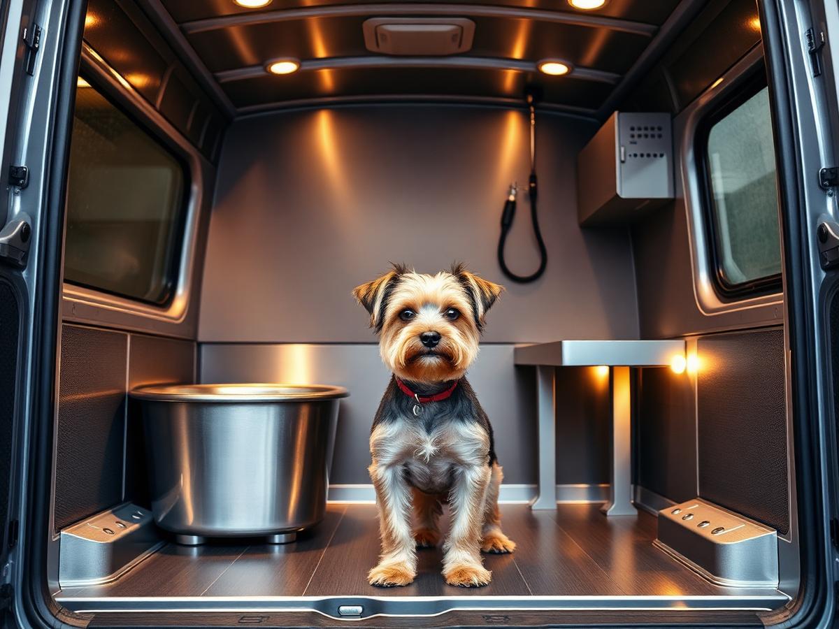 Inside a mobile dog grooming van in Dallas with a stainless steel bathing tub and grooming table